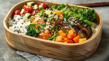 Nutritious Vegan Bento Box with Fresh Vegetables and Rice. Generative ai