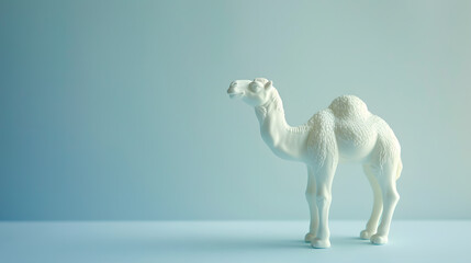 A cute camel figurine on an blue background, in a minimalist style with a simple design. Copy space for text