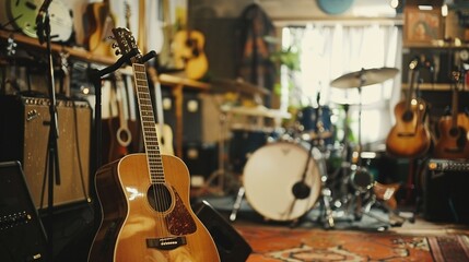 Christian music store filled with guitars drums