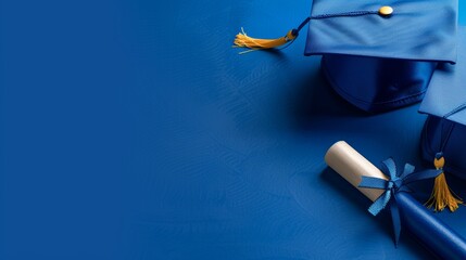 Sophisticated blue graduation cap and diploma setup, representing educational success and commencement milestones