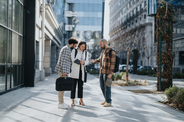 A group of young professionals having an outdoor meeting, discussing business strategies and market trends.