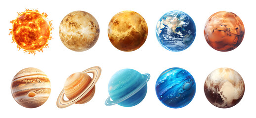Collection of solar system planets isolated on transparent background. Cut out design elements for astronomy. Planetary collection for kids school education. Set of realistic illustrations about space