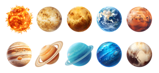 Collection of solar system planets isolated on transparent background. Cut out design elements for astronomy. Planetary collection for kids school education. Set of realistic illustrations about space