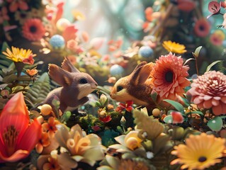 Enchanting Woodland Scene with Whimsical Rabbits Frolicking Amidst a Vibrant Floral Display