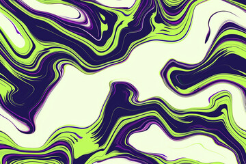 Neon green and deep purple tiddle waves, forming an abstract pattern that is both mystical and bold, set against a solid white background.