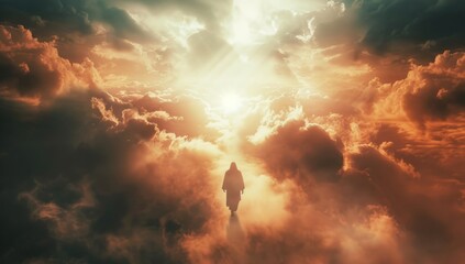 Jesus Christ walking on the road to heaven bright light in the sky. Generate AI image