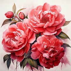 Soft red hues of Red Camellias and Peonies in watercolor, fine green leaves, creating a tranquil, loving atmosphere ,  high-detail texture