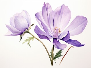 Tranquil watercolor of a blooming purple bud, isolated on a white background, capturing the essence of summer with a closeup view ,  against pur white background