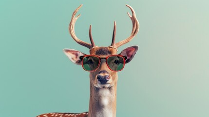 A stylish deer wearing glasses on blue background. Animal wearing sunglasses