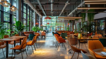Modern Eco-Friendly Restaurant Interior Design with Lush Greenery. Generative ai