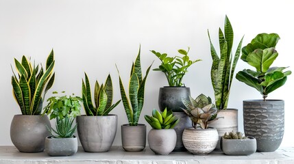 Assorted Potted Indoor Plants on White Background. Modern Home Decor with Greenery. Stylish Botanical Arrangement. Simple and Clean Design Aesthetic. AI