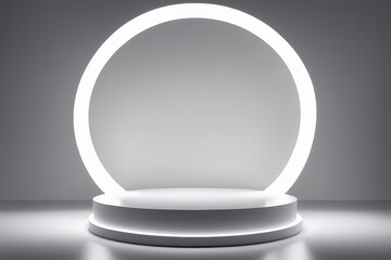 Large circular podium showcases product presentation bathed in soft ambient lighting, casts soft shadows against a stark white background, light source creating a glow around the pedestal.