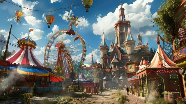 Animation big amusement park like city. seamless 4k video looping background. generated with ai