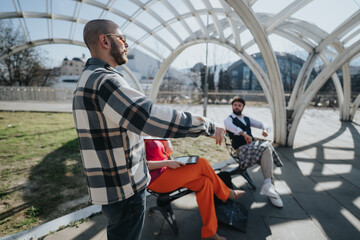 Dynamic young professionals engage in a business discussion outdoors, focusing on strategies,...