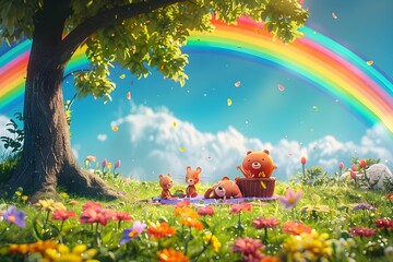 Vibrant Rainbow Fantasy Picnic with Anthropomorphic Animal Family