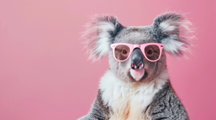 Naklejka premium A stylish koala wearing glasses on pink background. Animal wearing sunglasses