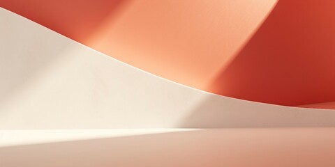 抽象背景横長バナー。陽光が差すバーミリオンと白の曲線的な壁と床がある空間