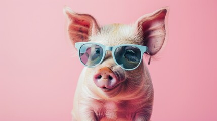 Obraz premium A stylish pig wearing glasses on pink background. Animal wearing sunglasses