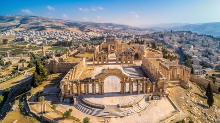 Aerial view of ruins of a wonderful Roman amphitheater in ruins during the day in high resolution and high quality. concept antiques, buildings, Jordan, Italy, Rome, Colosseum