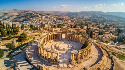 Aerial view of ruins of a wonderful Roman amphitheater in ruins during the day in high resolution and high quality. concept antiques, buildings, Jordan, Italy, Rome, Colosseum, museum