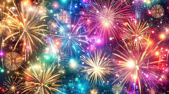 A fireworks display lighting up the night sky with bursts of vivid colors.