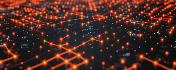 Fototapeta premium Abstract orange digital patterns over a black surface, representing the seamless interface of IoT devices.
