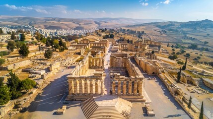 Fototapeta premium Aerial view of ruins of a wonderful Roman amphitheater in ruins during the day in high resolution and high quality. concept antiques, buildings, Jordan, Italy, Rome, coliseum, museum, stadium