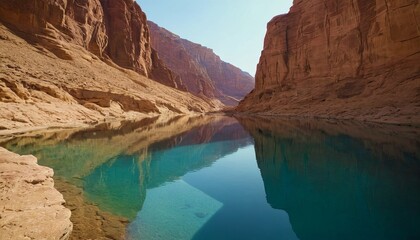 The river flows through the canyon, a beautiful lake, sand mountains and clouds reflected in the calm water surface. Wallpaper landscape with lake. Nature, ecology, ecotourism