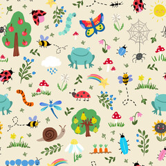 Seamless vector repeating pattern with garden scene, bugs, fruit trees, clouds, flowers, frog, snail, bees on cream background. Sophisticated kids garden theme print.