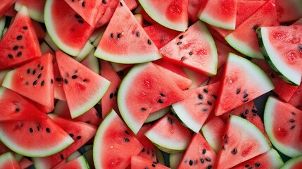 A mound of sliced watermelon rests on a wooden table