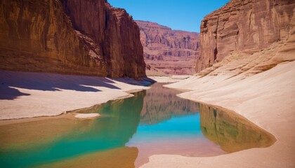 Drought in the River against the backdrop of sandy mountain canyons. landscape with a lake. Warming, Nature, ecology, ecotourism