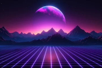 Gardinen Mountain range against giant moon in synthwave style © Larisa