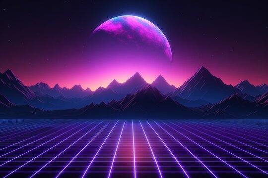 Mountain range against giant moon in synthwave style