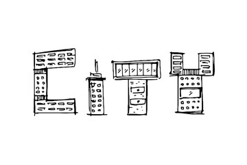 Hand-drawn sketch of building in word CITY. Vector