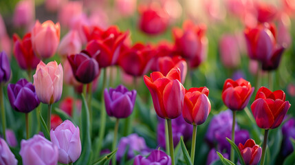 A field of blooming tulips in various shades of red, pink, and purple.