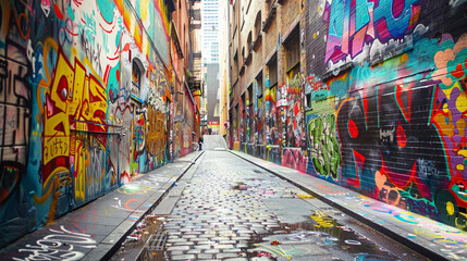 Obraz premium A graffiti-covered alleyway transformed into a riot of colors by street artists.