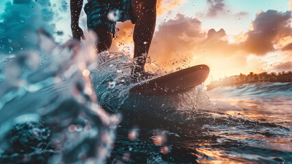 close up of a surfinger doung tricks on the water, water drops background, oceanic scene background