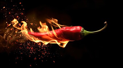Fiery Red Chili Pepper Engulfed in Flames on a Dark Background. Dramatic Hot Spice Imagery with Vivid Colors and Dynamic Movement. Ideal for Bold Culinary Concepts and Designs. AI