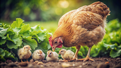 A mother hen, accompanied by her adorable chicks, takes a leisurely stroll around the backyard of a home farm. They peck at the ground near a rustic wooden fence and lush green plants. 