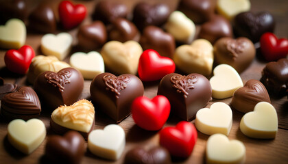 Assorted chocolate hearts arranged on a rustic wooden background with soft lighting 