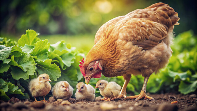A mother hen, accompanied by her adorable chicks, takes a leisurely stroll around the backyard of a home farm. They peck at the ground near a rustic wooden fence and lush green plants.  - Powered by Adobe