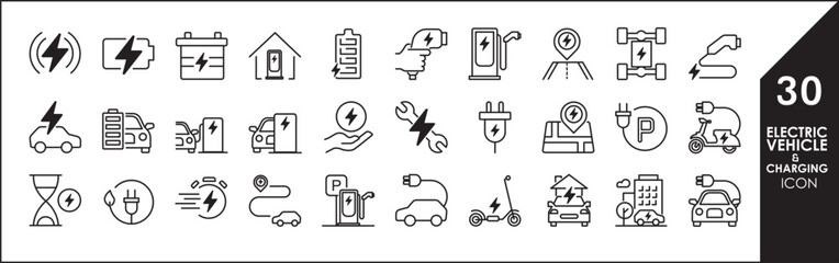 Simple Set of Car Charging Station Related Vector Line Icons. Contains such Icons as Electric socket station, Car plugged to charge, Battery and more. Editable Stroke.