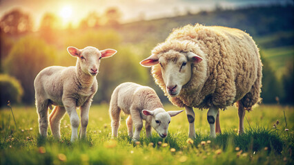 Ewe and Lambs in a Verdant Meadow. A serene snapshot of rural life, capturing a mother sheep and her two lambs grazing in a vibrant summer meadow. 
