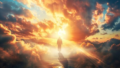 Jesus Christ walking on the road to heaven bright light in the sky. Generate AI image