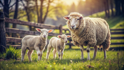 Fototapeta premium Ewe and Lambs in a Verdant Meadow. A serene snapshot of rural life, capturing a mother sheep and her two lambs grazing in a vibrant summer meadow. 