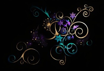 Illustration of a floral background with stars, swirls and flowers