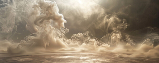 A backdrop of beige smoke gently rolling across a coffee-colored floor, adding a touch of mystery,