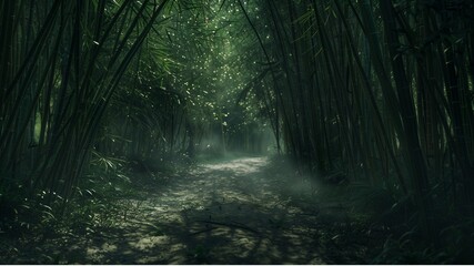  a path within a bamboo forest, include a dirt path and volumetric lighting