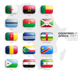 All African Countries Flags Vector 3D Rounded Glossy Icons Set Isolated On White Background Part 1. Official National Flags Of Africa Vivid Bright Color Bulging Convex Buttons Collection On Light Back