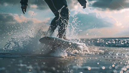 close up of a surfinger doung tricks on the water, water drops background, oceanic scene background